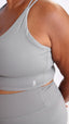 Butter soft grey longline sports bra and high-waist bike shorts in eco-friendly fabric
