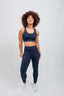 eco-friendly blue adjustable sports bra and high waist compression leggings