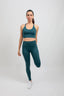 eco-friendly high-waisted buttery soft teal leggings and longline bra for yoga and pilates