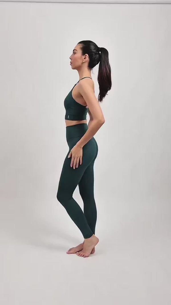blue green teal buttery soft sustainable activewear high-waisted leggings and cross-back sports bra