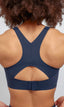 sustainable high impact supportive navy blue sports bra with adjustable back 