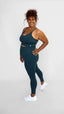 blue teal sustainable yoga leggings and longline sports bra