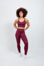 buttery soft maroon longline sports bra and high waist yoga leggings in recycled nylon 