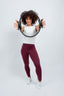 sustainable italian fabric white ribbed sleeveless cropped tank and buttery soft maroon leggings
