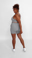 High waist 6" bike shorts and longline bra in grey sustainable fabric